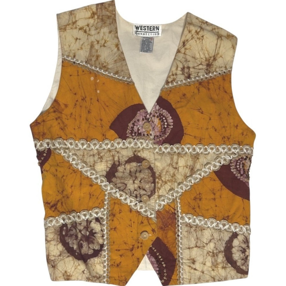 Western Connection Womens Batik Print Festival Vest Orange Brown‎ Boho Hippie S
